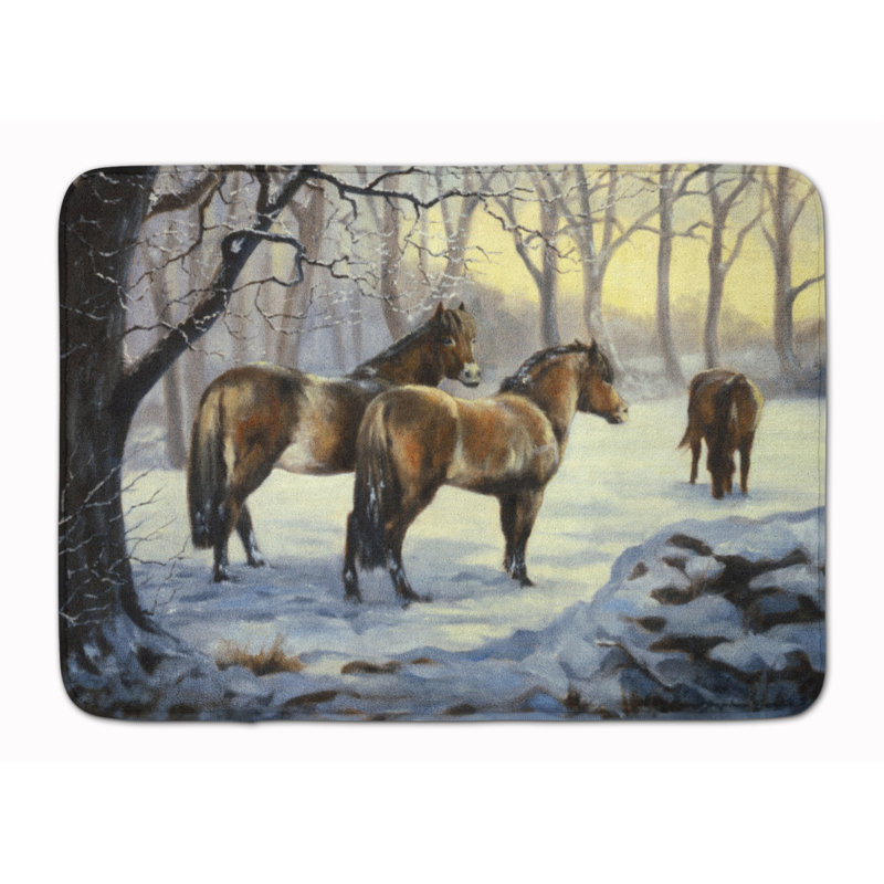 Tapis de bain rectangulaire en microfibre à imprimé animal Horse in Snow par Daphne Baxter