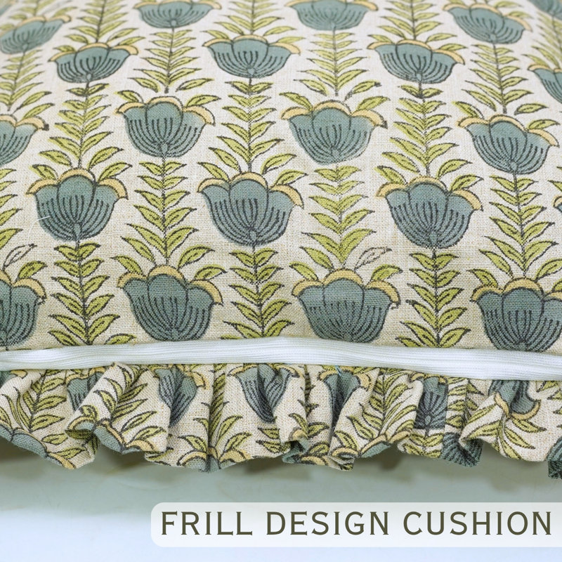 Fabdivine Reversible Handmade Frill Cushion Cover Block Print Linen Decorative Throw Pillow for Home- Lotus, 14x14 Inches