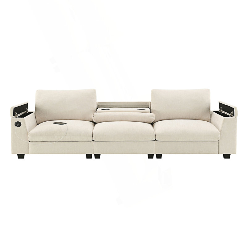 Sectional Sofa With Bluetooth Speaker, Comfy Cloud Couch Set With Drop Down Table And Cup Holders, Beige
