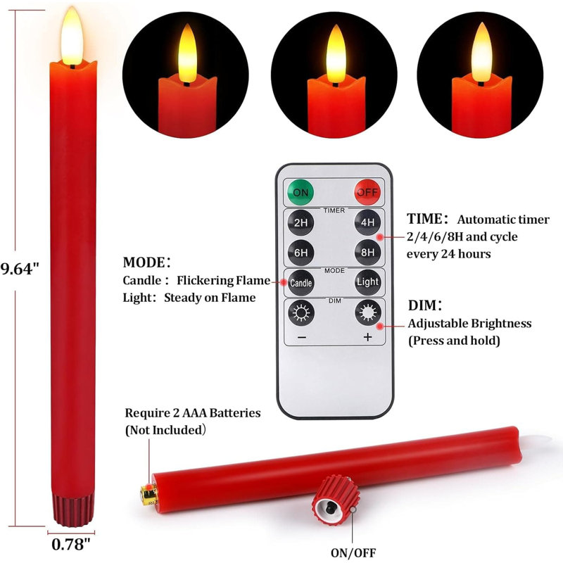 8 Pack Red Flameless Taper Candles: 9.6" Battery-Operated with Remote, Real Wax LED, 3D Wick, Flickering Light
