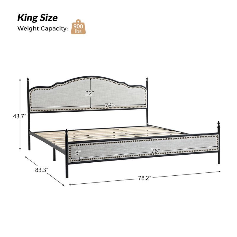 Alaja Upholstered Platform Metal Four Poster Bed, King, Beige