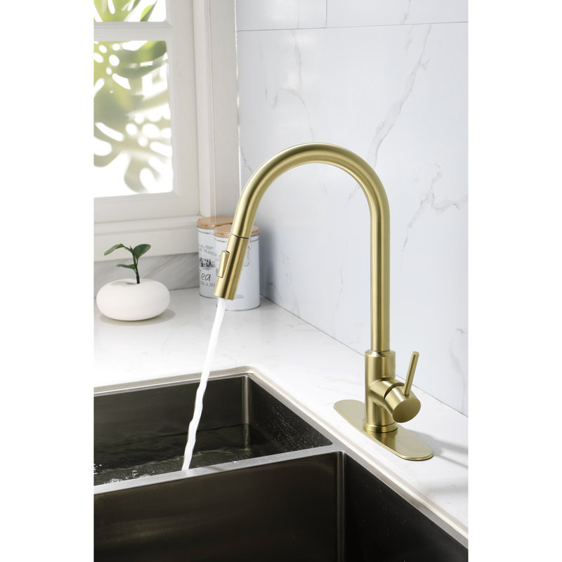 Kitchen Faucet With Pull Down Spray - 360 Swiveling High Nozzle, Single Handle For Convenient Water Temperature And Flow Management, Corrosion Rust-, Gold Stainless Steel, 16.33 In. Depth, 10.24