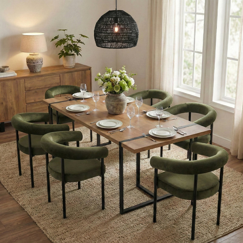 7-Piece Rectangular Dining Table Set With Velvet Upholstered Arm Chairs, Green