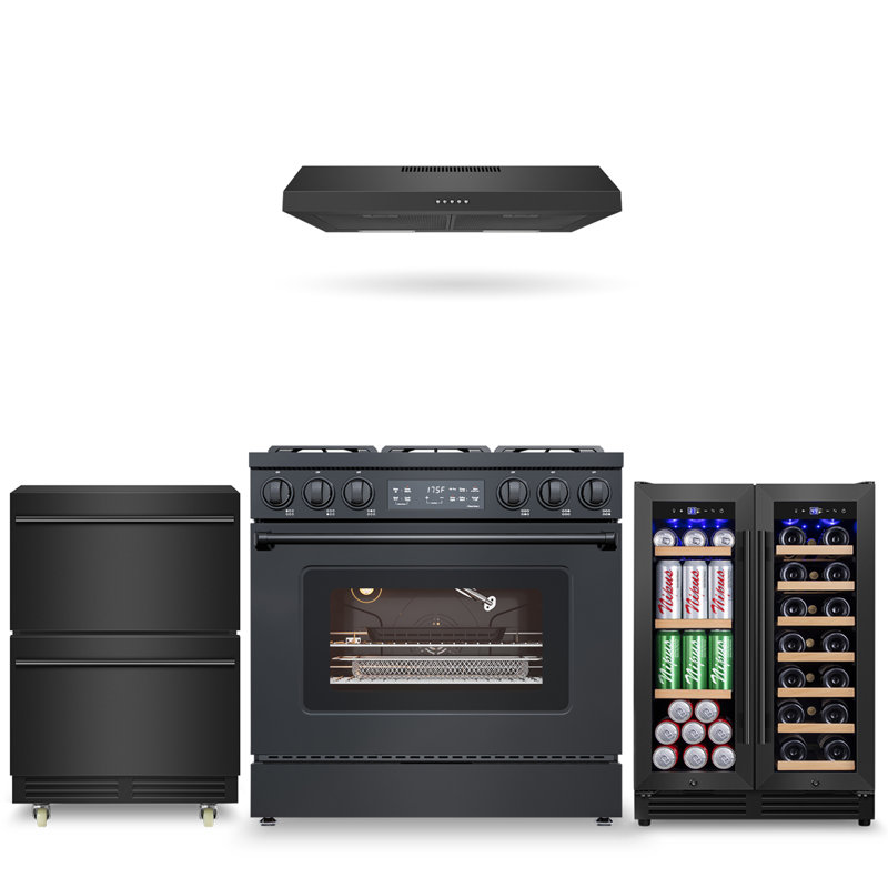 Ensemble de 4 appareils de cuisine comprenant une cuisinière à gaz encastrable de 91 cm (36 po) et de 173 litres (6,1 pi³), une hotte de cuisine sous armoire de 76 cm (30 po) avec ou sans conduit, un réfrigérateur à vin et à boissons à deux zones de 61 cm (24 po) et un réfrigérateur à boissons de 61 cm (24 po) d'une capacité de 230 canettes, noir.