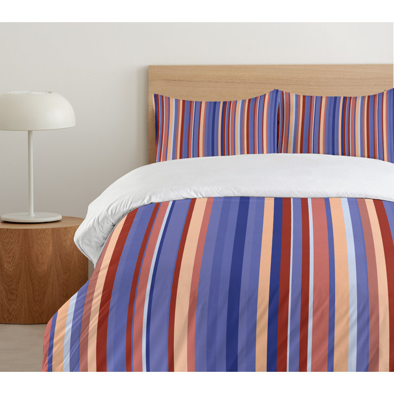 Queen Violet Blue Salmon Striped Microfiber Duvet Cover Set