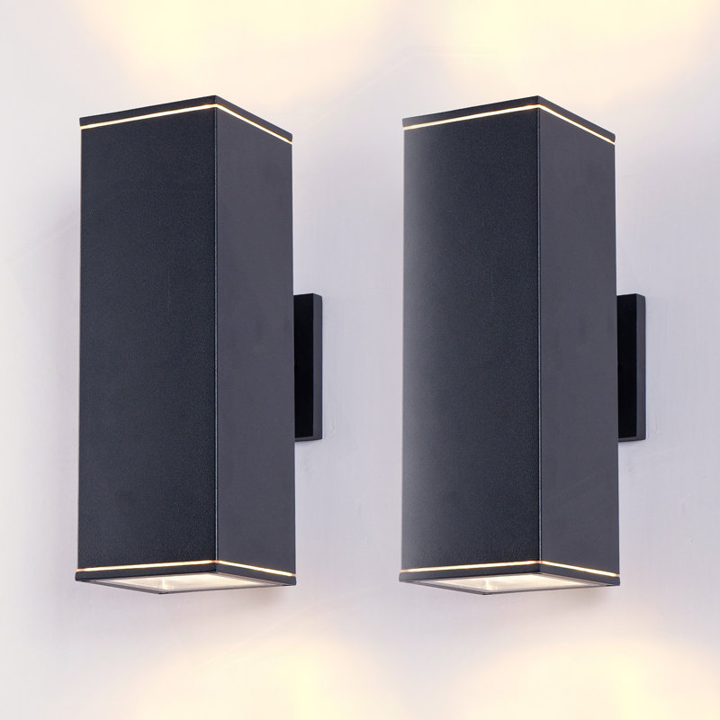 Applique murale d'extérieur 14 "avec 2 lumières avec tube rectangulaire en aluminium et couvercle en verre trempé, paquet de 2 (noir mat) (sans ampoule)