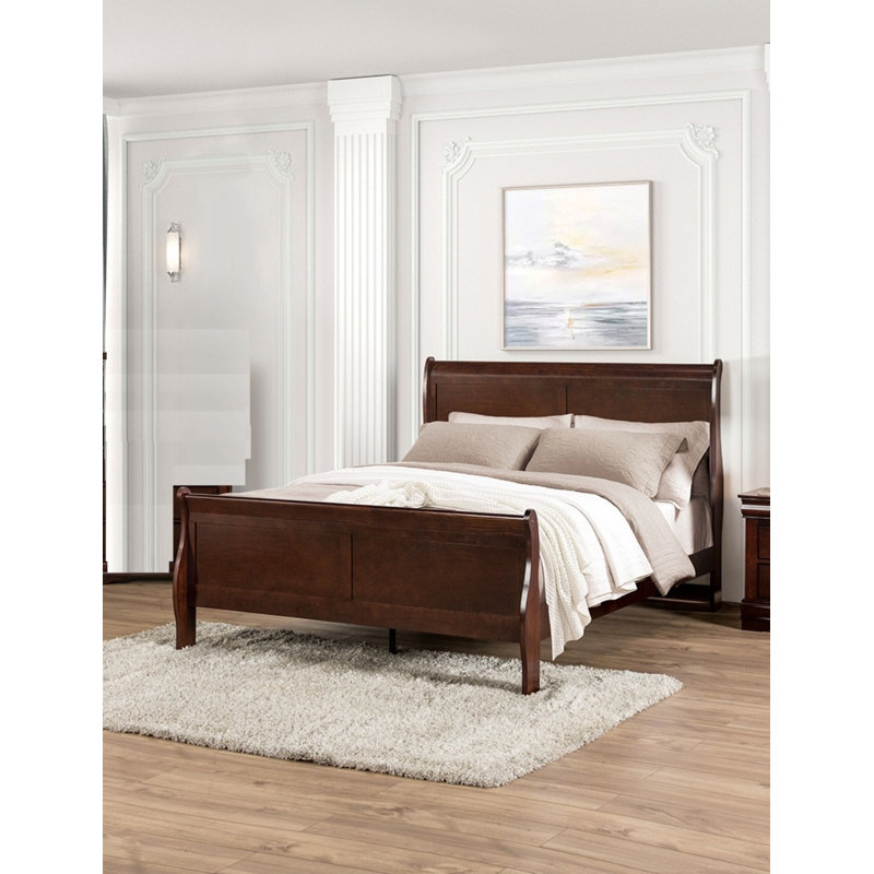 Lit traîneau Queen Size en bois massif cerisier avec tiroirs de rangement plaqués
