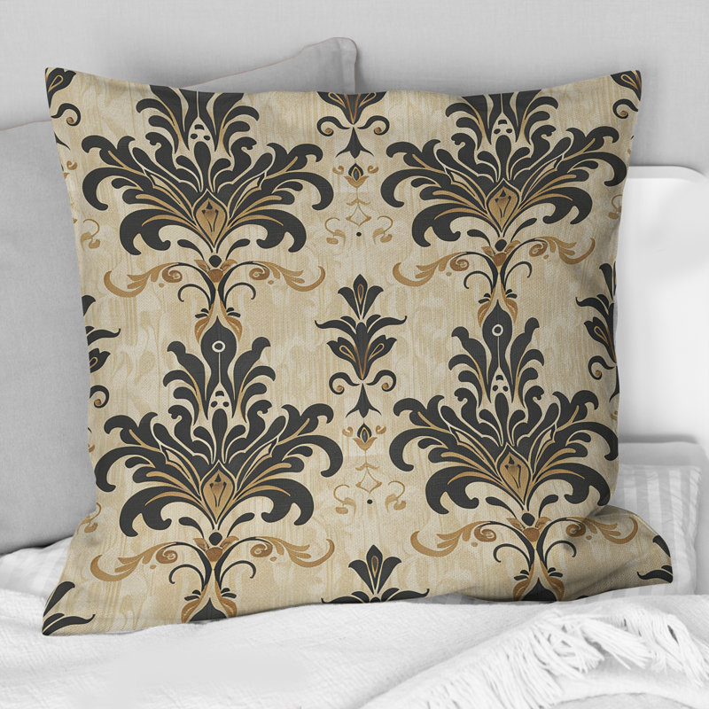 Coussin moderne brun et beige à motif damassé classique III, 16" x 16"