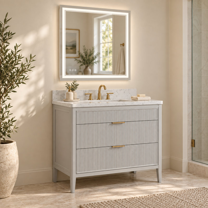 Meuble-lavabo sur pied gris mat de 91 cm avec lavabo intégré et miroir de courtoisie à DEL de 91 x 91 cm., Grey