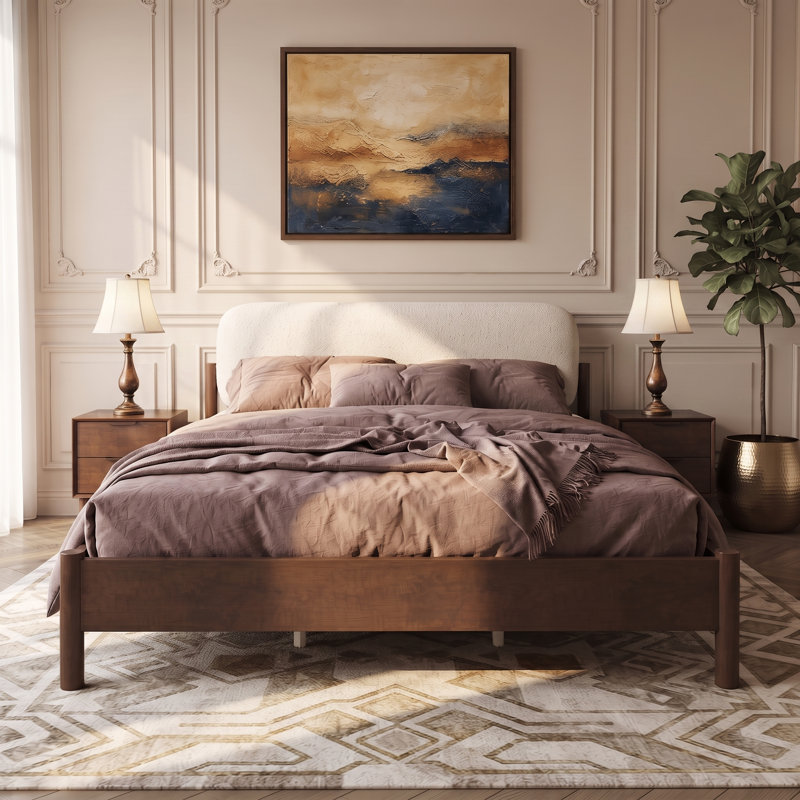 Cadre de lit plateforme Zoren de style moderne du milieu du siècle, en boucle, avec tête de lit arrondie et rembourrée épaisse, pieds en pin massif pour une chambre à l'ambiance feutrée