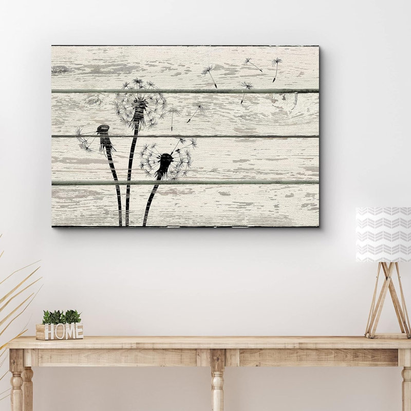 Windy, noir et blanc, silhouette de pissenlit, fleurs naturelles, effet de bois, panneaux, illustrations, rustique