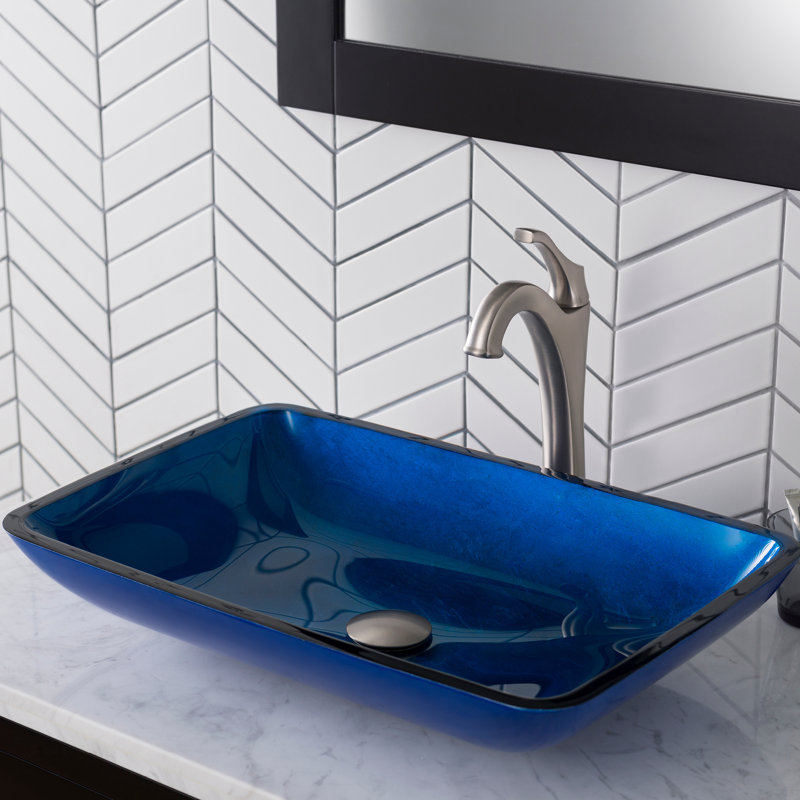 Glass Rectangular Vessel Bathroom Sink with Faucet, Brushed Nickel, Blue