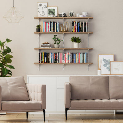 Tablette flottante de 36 pouces, tablette murale à niveaux ajustables en hauteur, bibliothèque en bois, tablettes pour le salon, l'organisation de la maison et le décor rustique, fixation murale, 4 niveaux, planche brûlée et support blanc