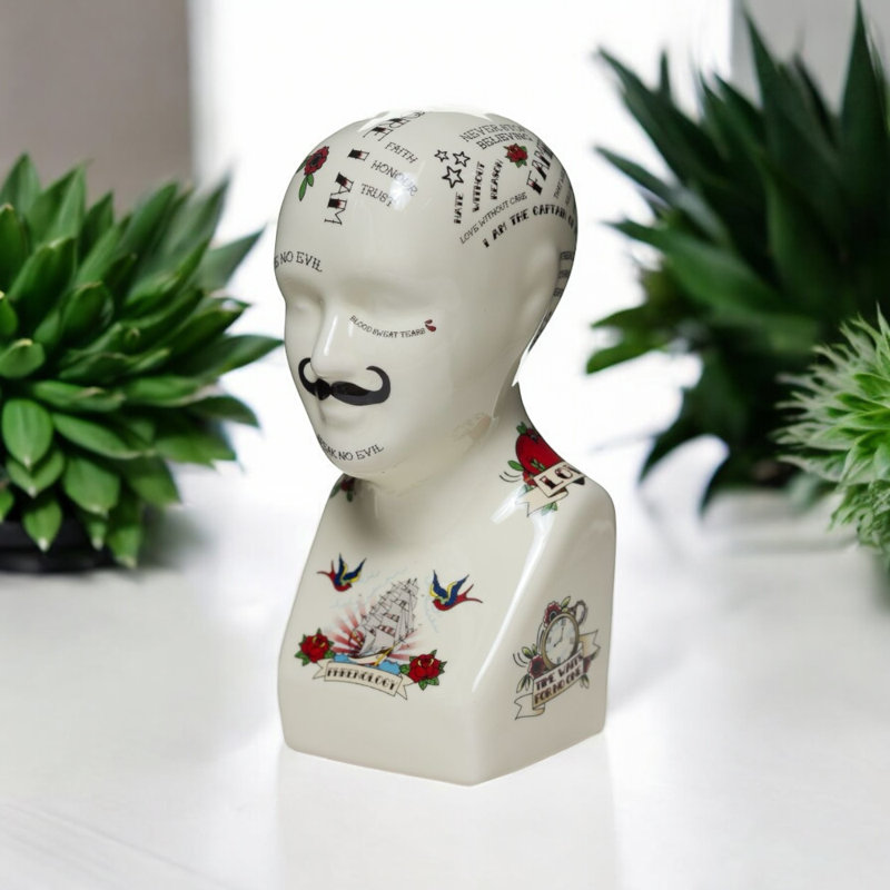 Modern Lancaer Tattooed Phrenology Head Bust – Artistic Head Sculpture Accent for Desk, Shelf and Interior Decor