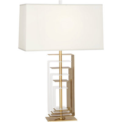 Lampe de table moderne à finition laiton avec détails en acrylique transparent | Abat-jour en tissu Fondine | Conception géométrique | 28,75 Hauteur | Gradateur pleine gamme | Homologué UL pour les endroits secs