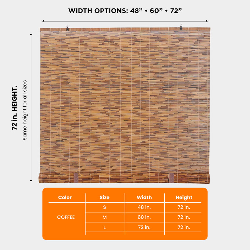 72" H Light-Filtering Cordless Reed Manual Roll-Up Roman Blinds, 48"W x 72"L, Brown