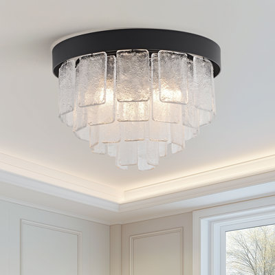 Manon Matte Black 3-Light Tiered Clear Glass Panel Round Flush Mount