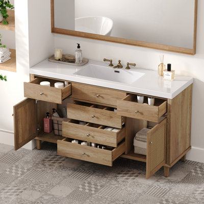 60" Natural Wood Bathroom Vanity with Rattan Cabinets & SMC Sink