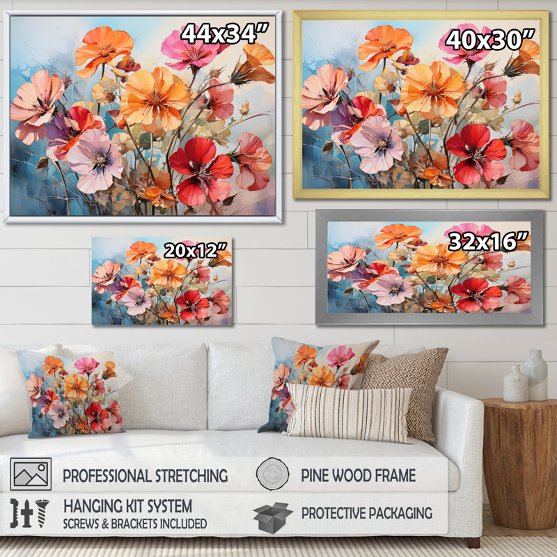 Marieka " Coral Geraniums Garden Symphony II ", Toile tendue, H 24 po x l 32 po x P 1 po