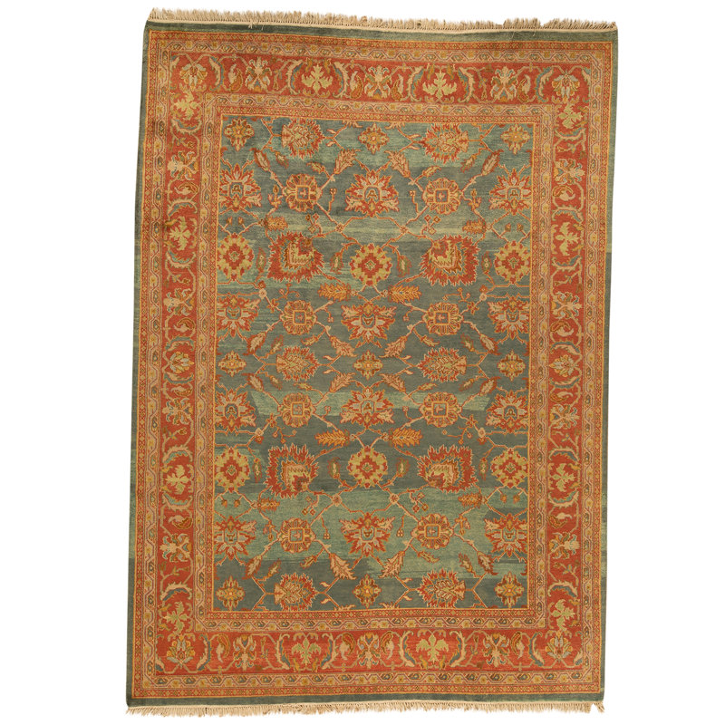 Tapis bleu et rouille de haute qualité noué à la main