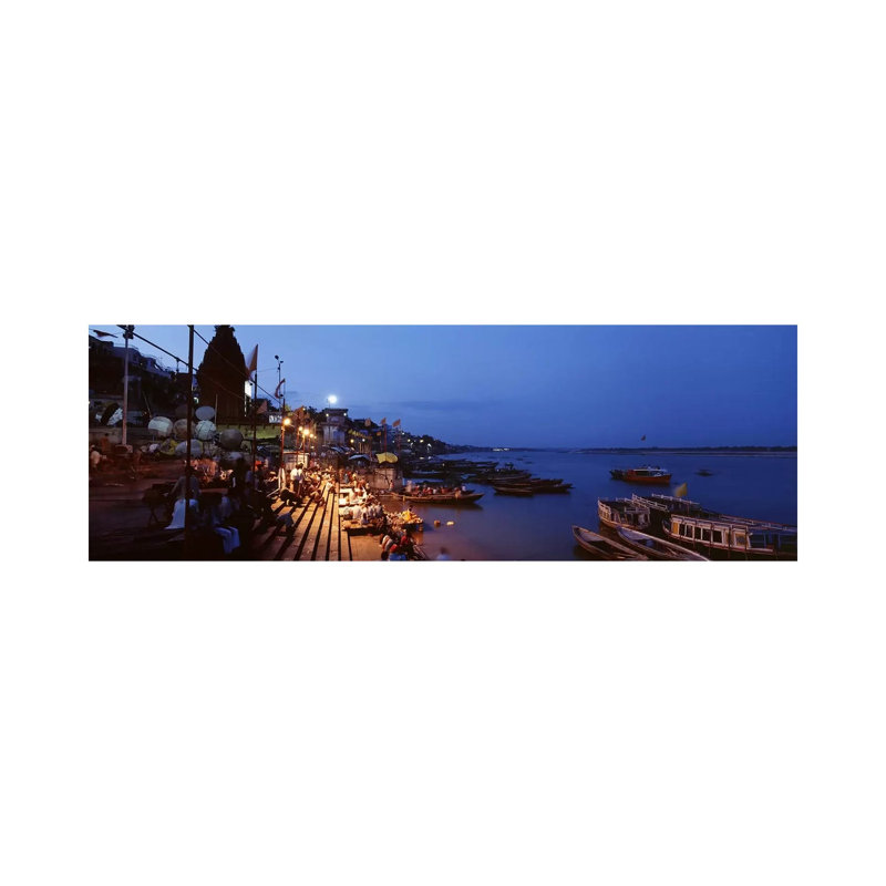 Ghat Along The Ganges At Night, Varanasi, Uttar Pradesh, India - Wrapped Canvas Panoramic Print