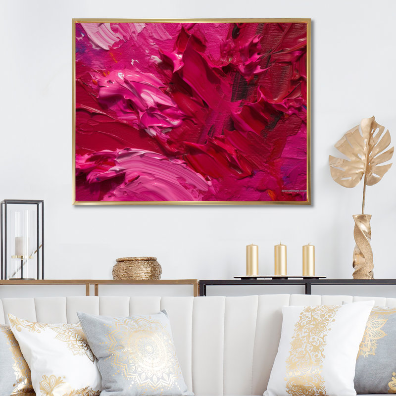 Viva Magenta Bliss Wildness - Décoration murale peinture abstraite, H 16 po x l 32 po x P 1 po, Cadre flottant doré