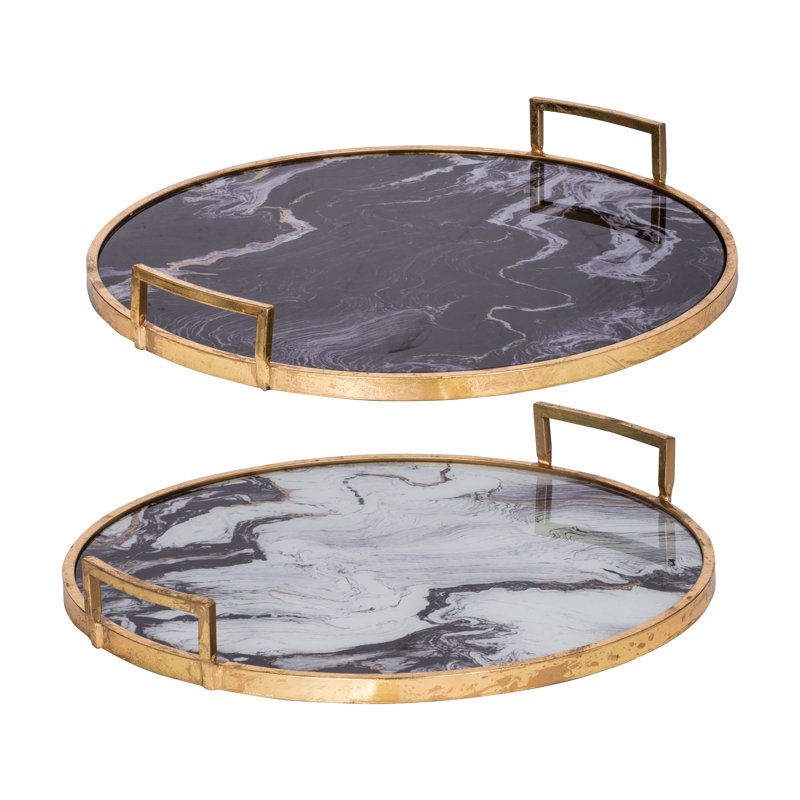 Set of 2 Round Accent Trays with Black and White Marble Patterns, Decorative Metal and MDF Trays with Gold Handles for Serving, Organization, or Centerpiece, 22” and 21” 