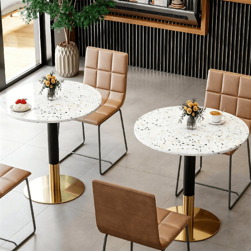Table ronde 24 po en terrazzo de qualité commerciale pour la boulangerie, le café, le restaurant et les petits espaces, White