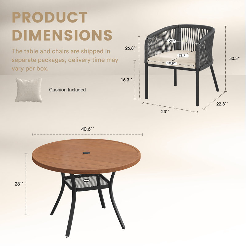 Ensemble repas pour 4 personnes avec chaises en rotin PE tissé, Beige, Brun, Gris