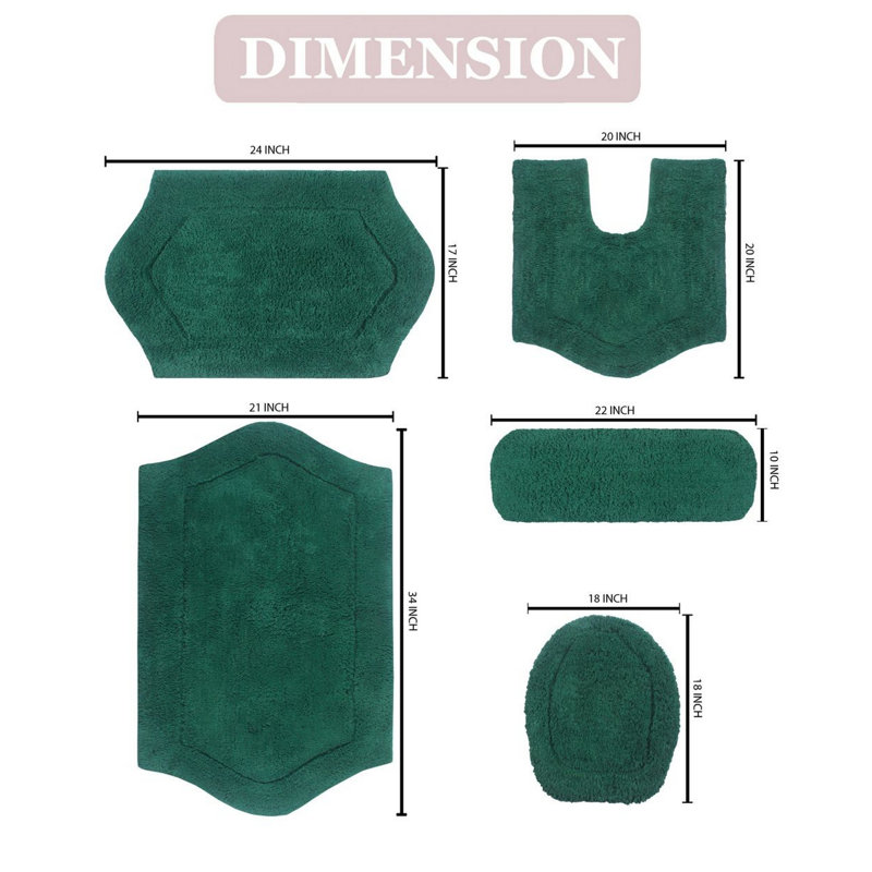 Ensemble de tapis de bain en coton 5 pièces Athyrium, Vert forêt
