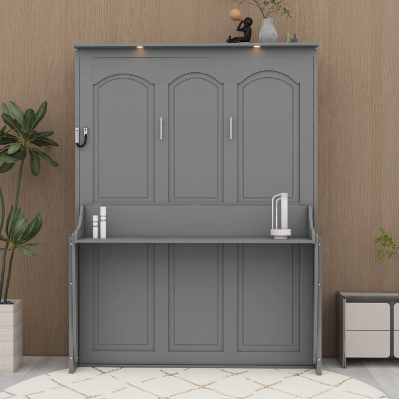 Queen Size Murphy Bed with Desk,USB Charging Station, Wall Bed Cabinet with Storage Shelves, LED Lights, Grey