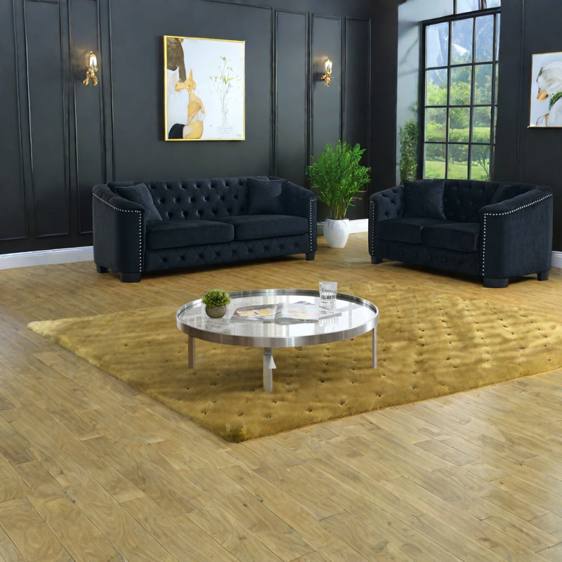 Ensemble de canapés à compression 5 pièces Chesterfield en velours noir pour la maison