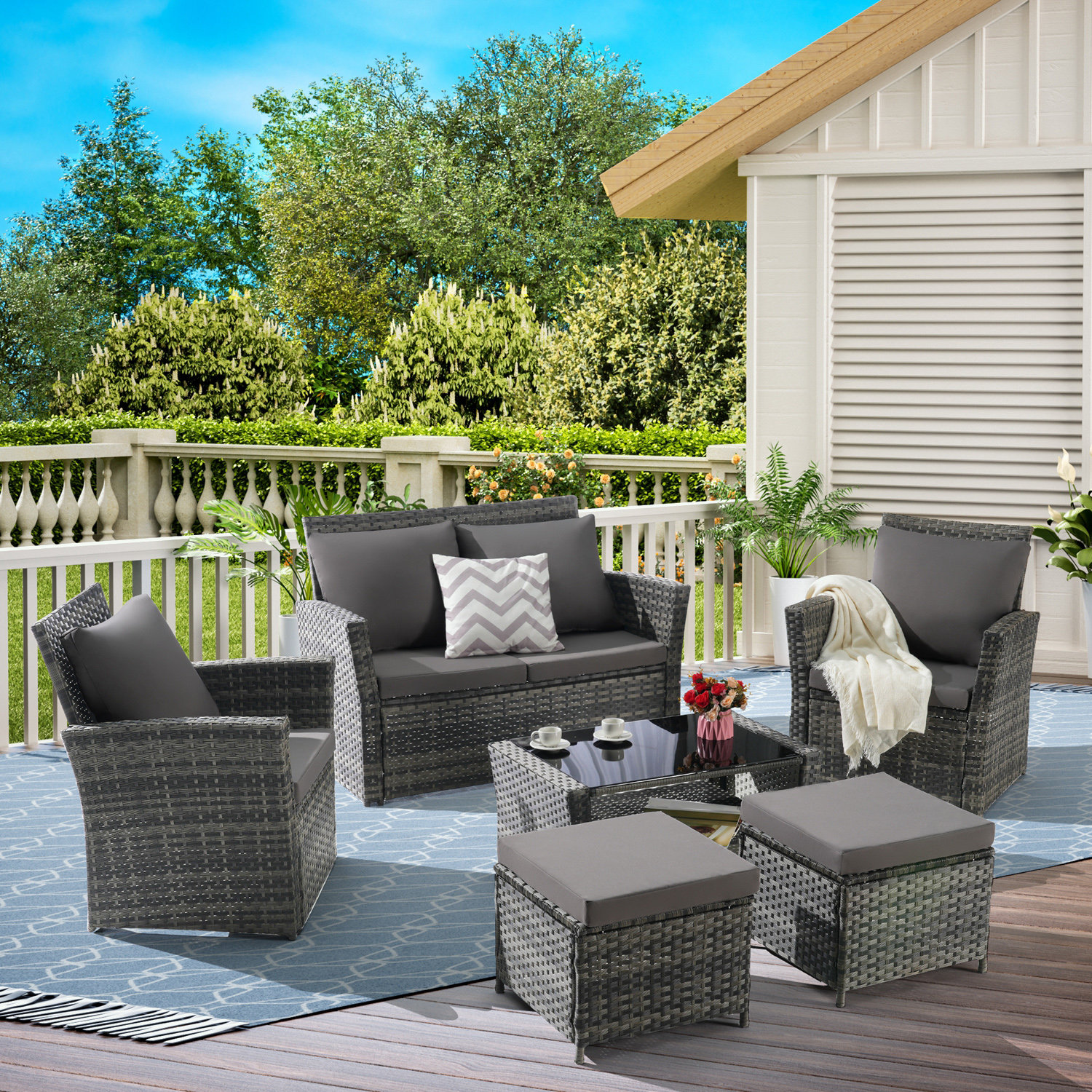 Lark Manor 6 Piece Wicker Patio Furniture Sets with Ottoman and