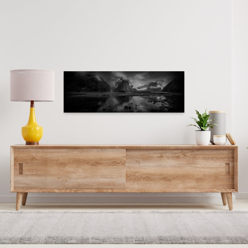 Misty Mountain Reflections Dramatic Serene Abstract Forest Landscape Art mural, H 12 po x l 36 po