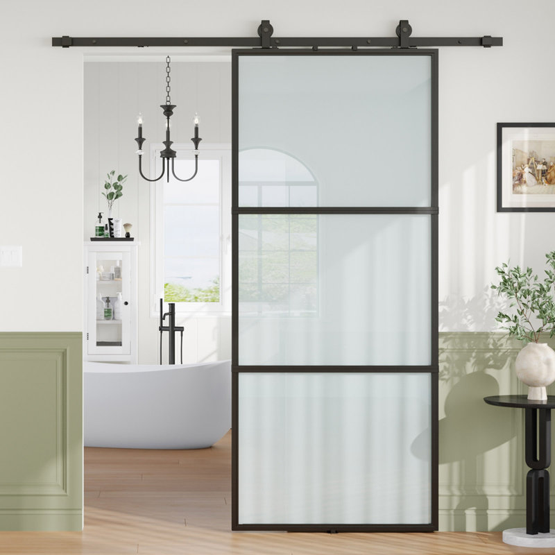 Black Aluminum and Frosted Glass Sliding Barn Door with Installation Kit