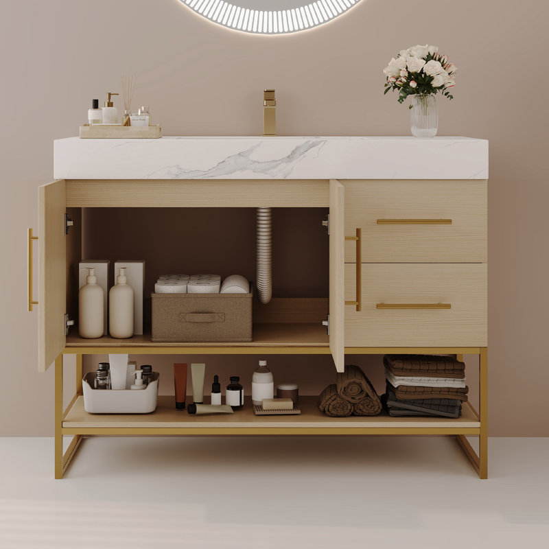 Iscari 36" Modern Vanity With Seamless Ceramic Sink & Gold Accents, Wood, White Marbel
