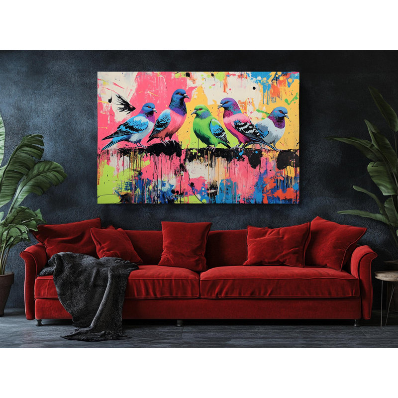 Reproduction sur toile de haute qualité de graffiti coloré de pigeons - décoration murale fabriquée à la main - art élégant - cadeau - décoration murale, reproduction de peinture