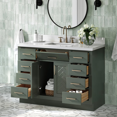 Meuble-lavabo rectangulaire simple 49 po à chevrons avec comptoir en quartz blanc pur 1,5 po Chevron