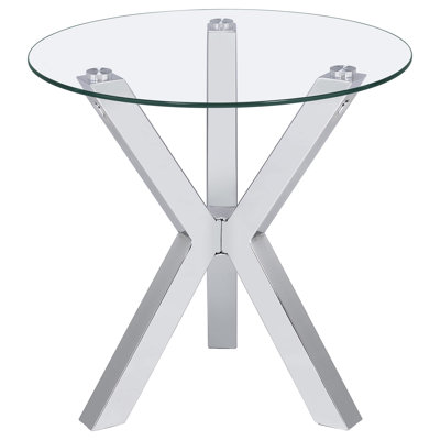 Alexa Chrome Round End Side Table, Tempered Glass Top with X‑Shaped Polished Chrome Metal Legs, Contemporary Accent Table for Living Room