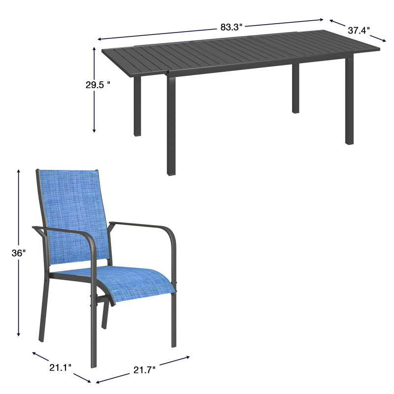 7 Piece Patio Expandable Table Dining Set, Outdoor Dining Table And Chairs Set For 4 To 8, 6 PVC-coated polyester Chairs, 1 Iron Expandable Dining Table, Patio Furniture Set For Deck, Backyard, Lawn, Poolside