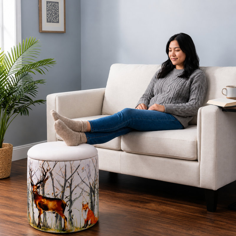 Claunch 40cm Wide Round Block Print Footstool Ottoman