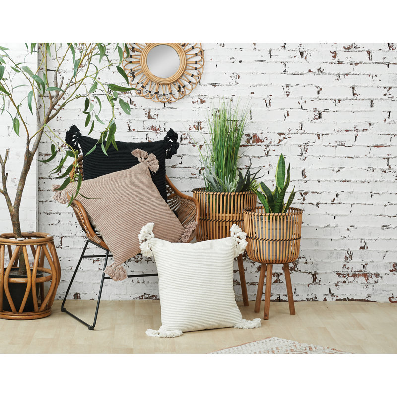 Beige Cotton Blend Textured Throw Pillow with Tassels