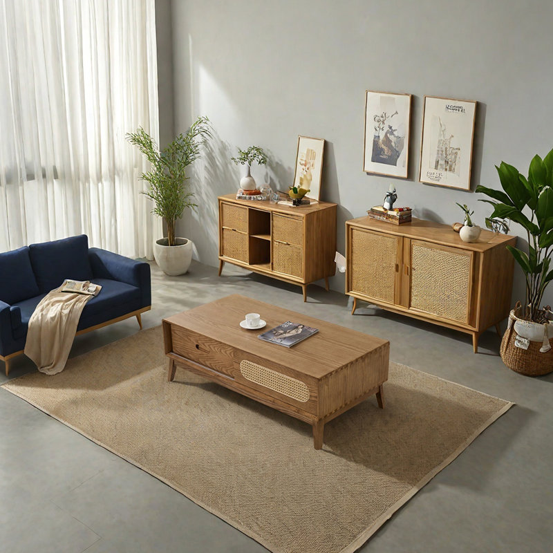 Solid Ash Wood Coffee Table with Rattan Doors
