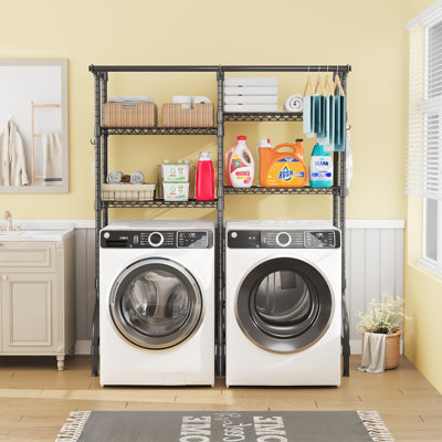 Over the Washer and Dryer Shelves, 4 Tiers Laundry Room Storage and Organizer System, Space Saving Clothes Drying Rack with 2 Clothes Hanger Rods, 57.8"W x 20.5"D x 77.4"H, Black