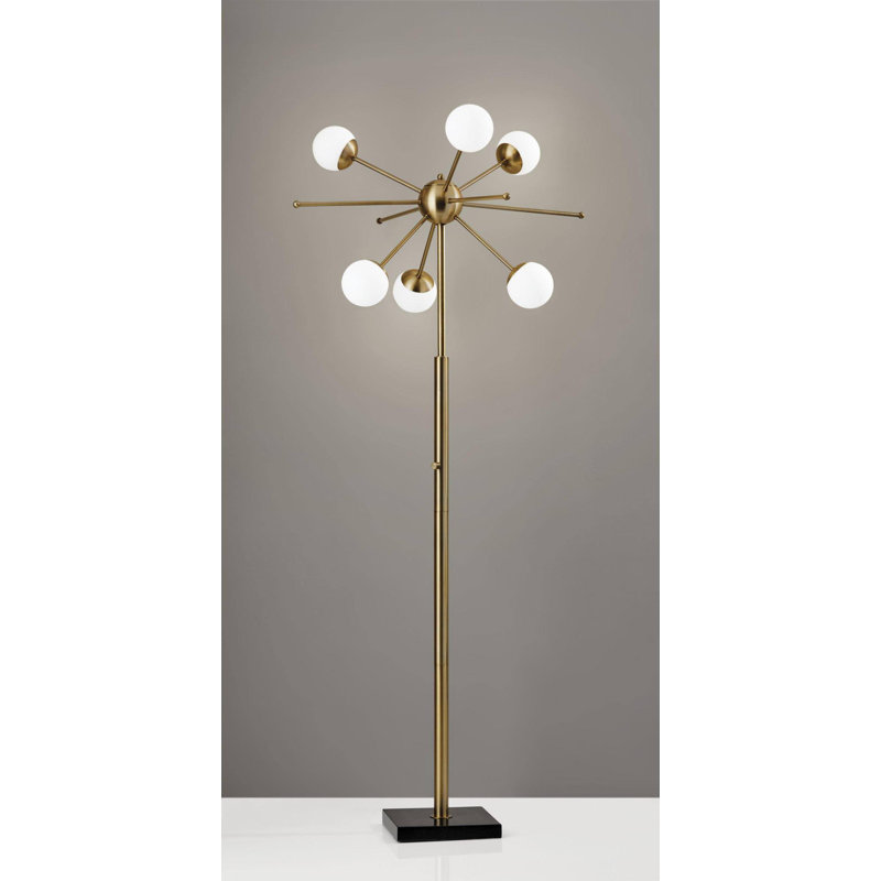 64" Brass Six Light LED Novelty Floor Lamp With White Glass Globe Shades