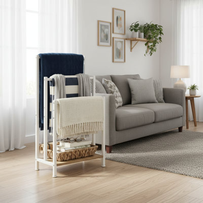White Industrial Style Metal Floor-Standing Towel Rack, Three-Tier Bathroom Blanket Rack With Shelves, Dual-Purpose For Drying And Displaying, Multi-Functional Storage Rack For Home Bathroom.