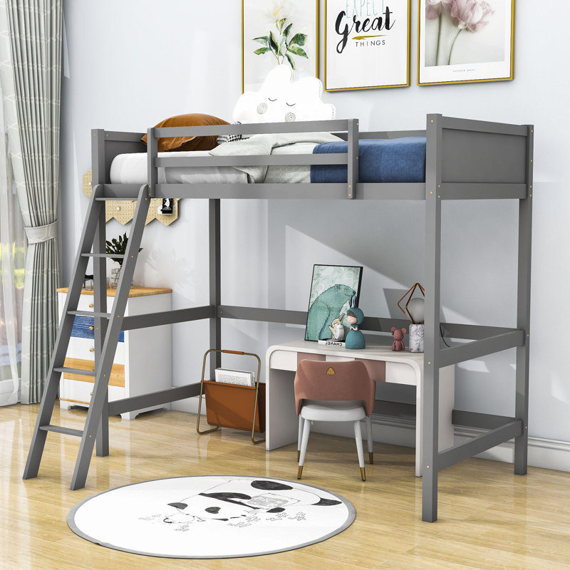 Lit mezzanine simple en bois avec échelle, gris