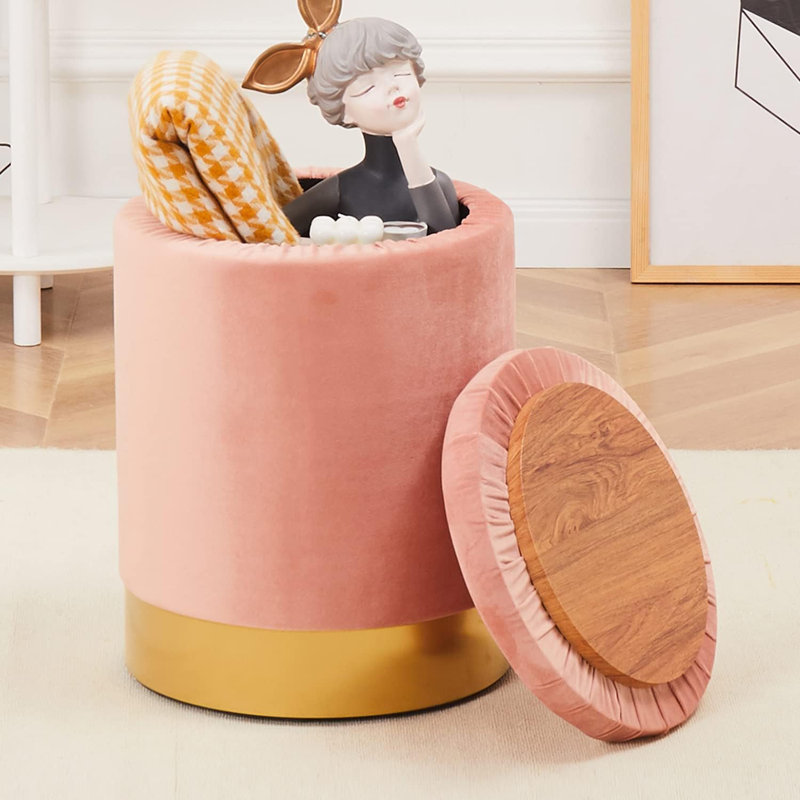 Repose-pieds de rangement rond en velours de 13,8 po Amay, Rose clair