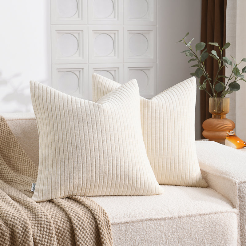 Soft Chenille Stripes Solid Cushion Cover Cozy Neutral Farmhouse Pillow Covers, Ivory, Square 26"