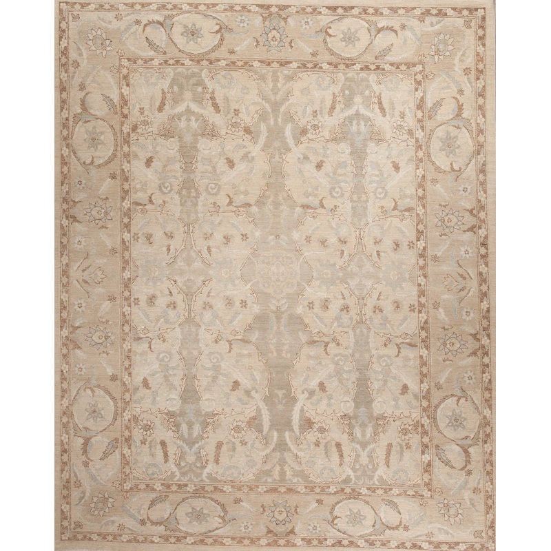 Tapis de la zone en laine 8 pi x 10 pi beige à la main one-of-kind noué la